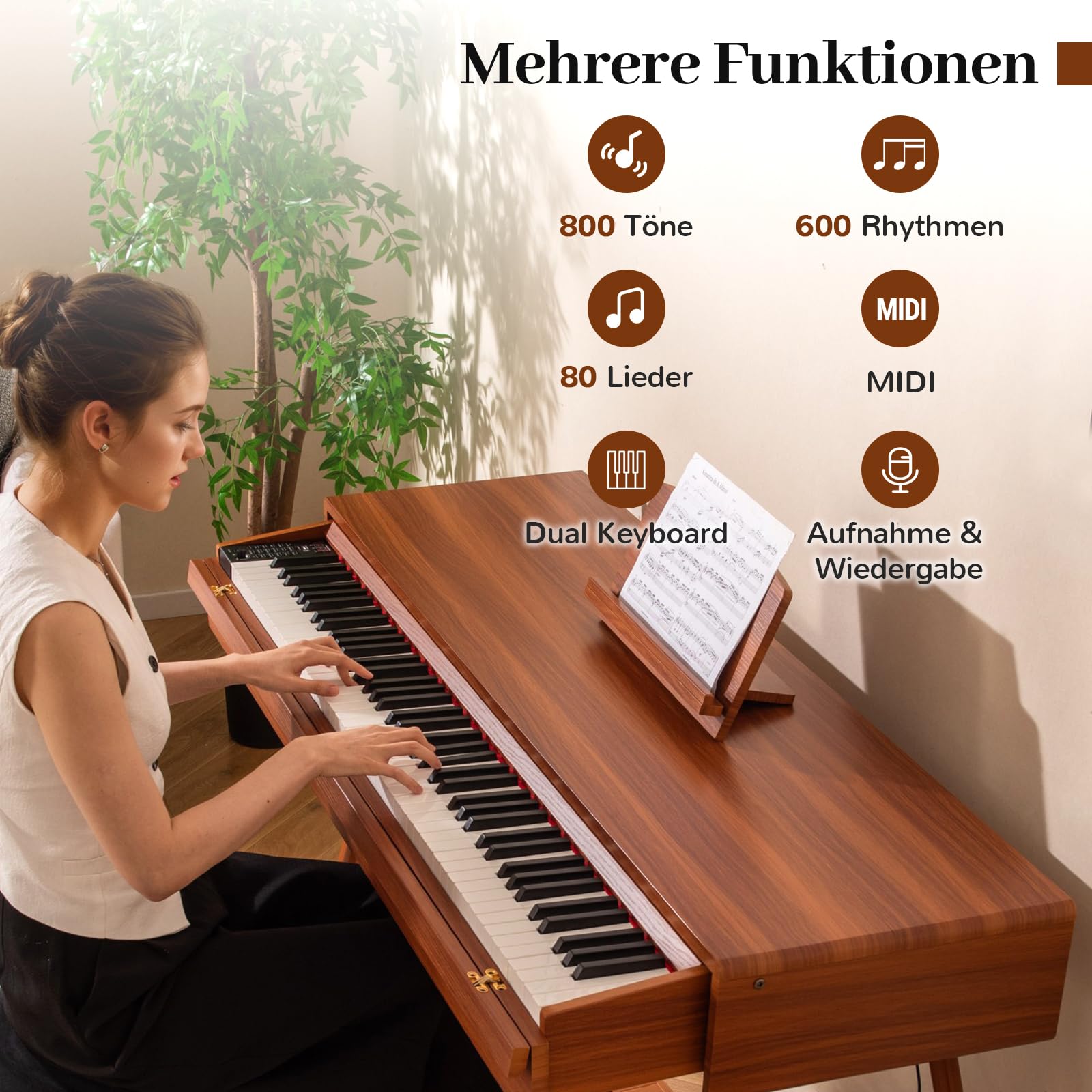COSTWAY 88 Tasten Digital Piano, Vollgewichtetes Klavier mit Hammermechanik, Keyboard Piano mit Push-Pull-Schublade, Dreifachpedal, MIDI-USB, 800 Töne & 600 Rhythmen, E-Piano für Anfänger