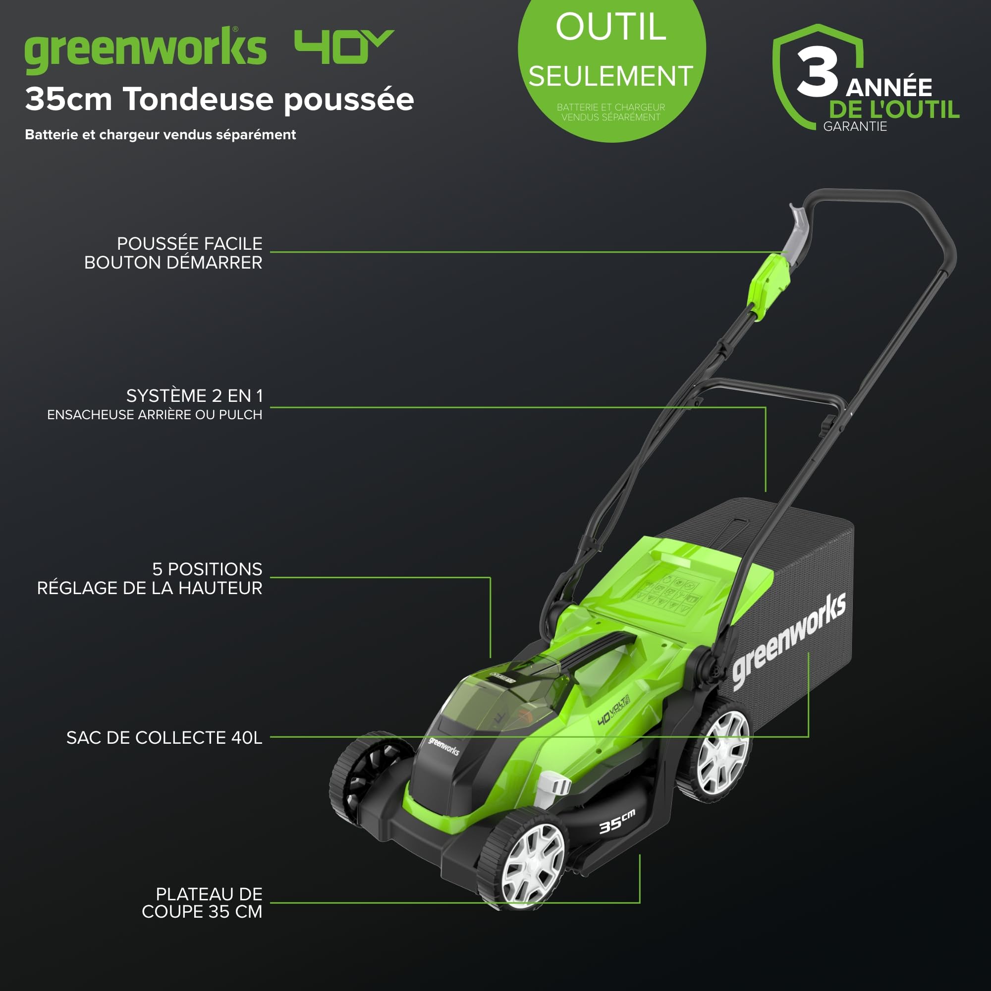 Image secondaire de Tondeuse à Gazon Sans Fil Greenworks G40LM35 pour Pelouses jusqu'à 400m²