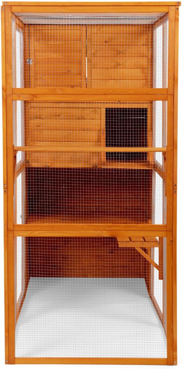 70" H Large Outdoor Cat Enclosure with 4-Tier Window Design, Weather-Resistant Roof, 2 Resting Rooms, Orange Colorful Patterns