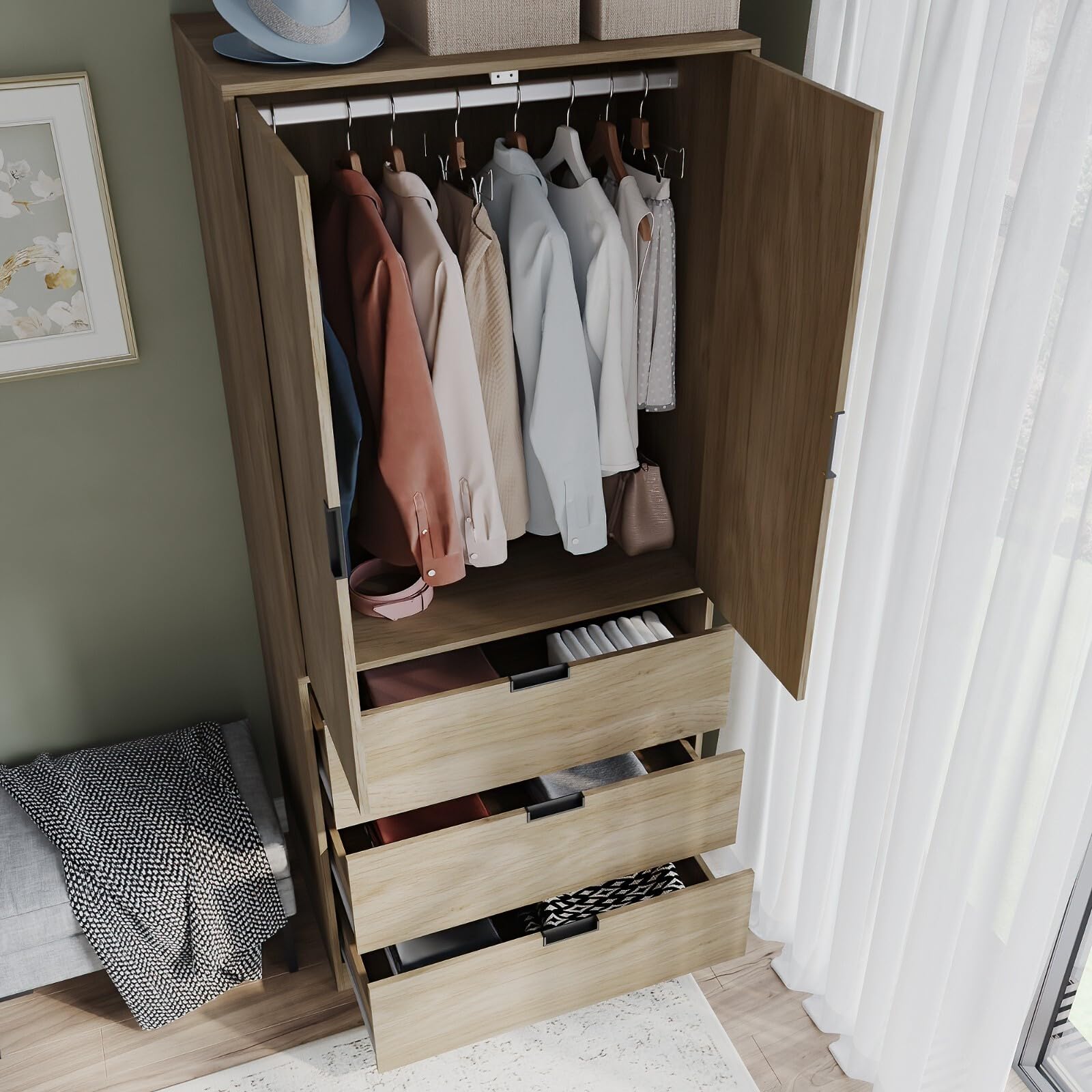 URBNLIVING Modern 2 Door Wardrobe with 3 Drawers & Hanging Rail, Stylish Freestanding Storage, Spacious Interior - Image 4