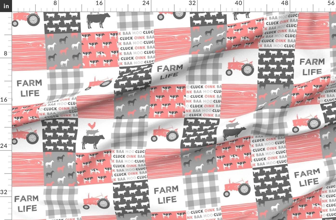 Spoonflower Fabric - Woodgrain Farm Life Tractor Coral Baby Girl Nursery Printed on Organic Cotton Sateen Fabric by The Yard - Sewing Quilting Apparel Home Decor