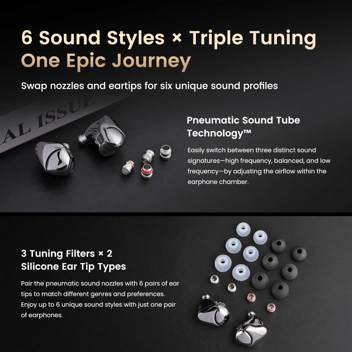 Hidizs MK10 Auriculares In Ear Monitor, 10mm Diapragma Carburo Silicio, Doble Magneto & Doble Cámara Dynamique Driver, Armadura Zinc Puro, 6 Modos Ajuste Profesionales, Cable OFC 3.5mm