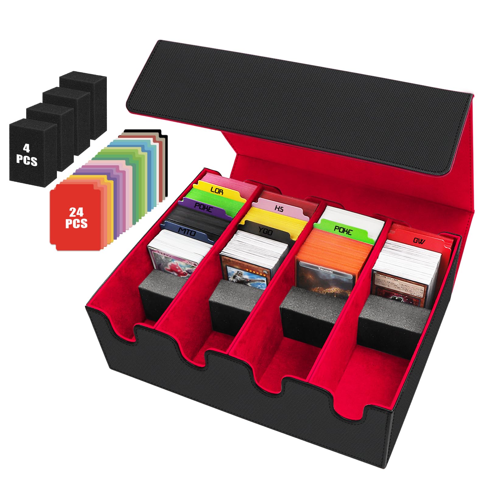 HIMOMO Card Storage Box for Trading Cards, 2800+ PU Leather Card Deck Box, Magnetic Closure MTG Card Case with 24 Colorful Divider & 4 Foam Dividers Fit for Mtg, Tcg, Sports Cards (2800+ Red)