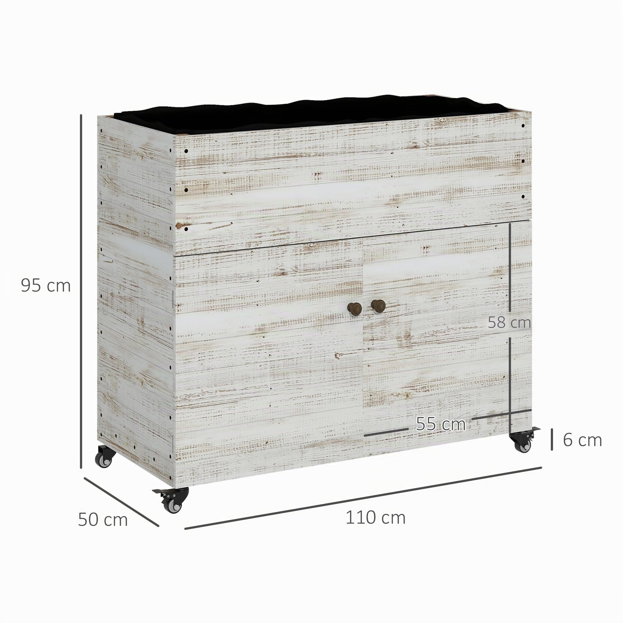 Outsunny Hochbeet aus Holz mit Schrankfach, Rollen, 110 x 50 x 95 cm, Weiß | Kräuterbeet, Pflanzkasten, Gartenschrank, Blumenkasten mit Vliesstoff, Balkon, Garten