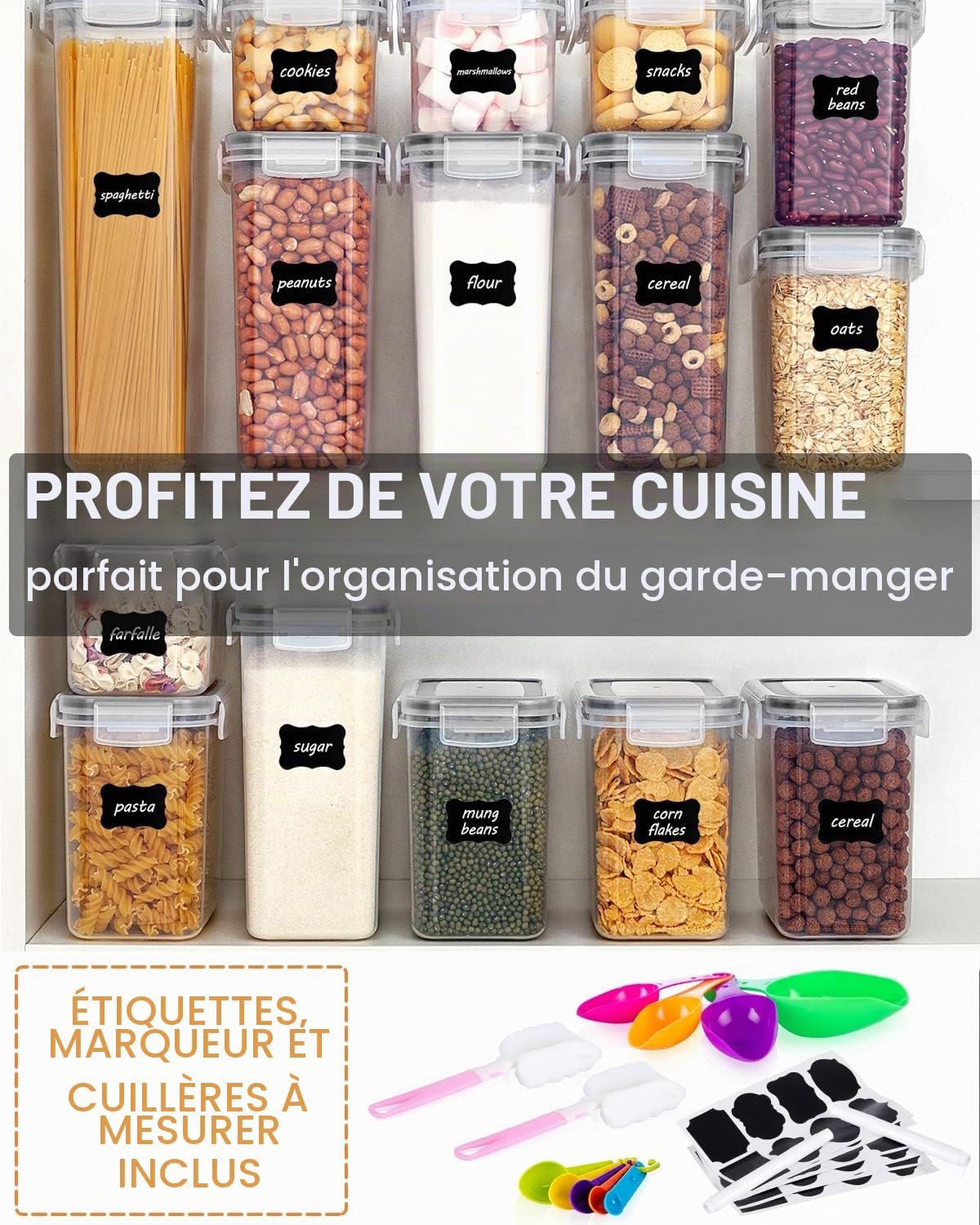 heuchaey Lot de 25 Boite Rangement Cuisine,Boite Alimentaire Hermétique | Boites Conservation en Plastique avec Couvercle Hermétique, ,Cuillère, pinceau ,Conservation des Aliments pour Farine