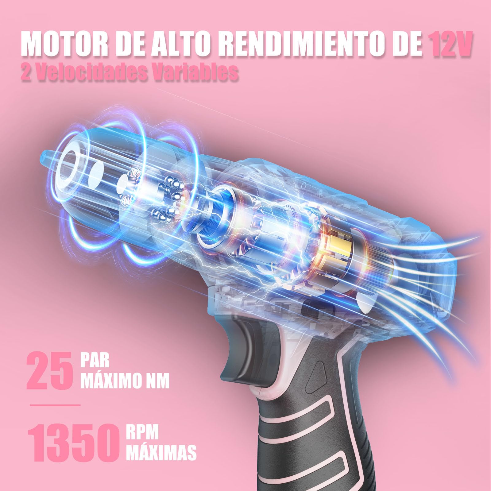 Taladro Atornillador 12V - Sundpey Caja Herramientas 206 Piezas con Taladro Eléctrico Compacto, Juego Herramientas con Destornillador Electrico para Oficinas y Jardín Rosa
