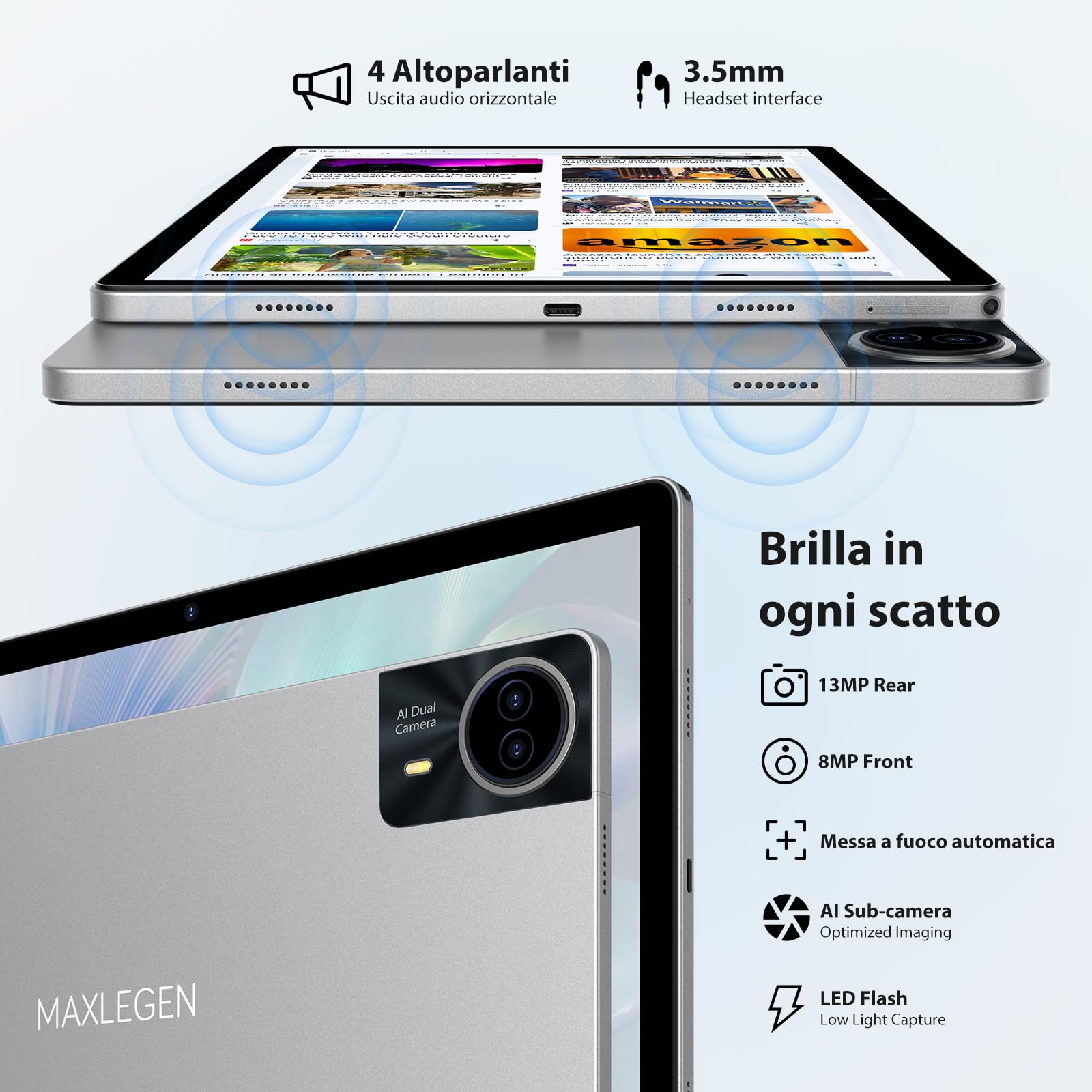 MAXLEGEN 14 Pollici 2,5K Tablet, 36GB RAM+256GB ROM/TF 1TB, 4G LTE+5G WiFi Android 14 Tablets, Octa Core/20W Ricarica rapida 11580 mAh/4 altoparlanti/BT5.0/GMS/GPS, Tab Pen/custodia/auricolare Inclusa
