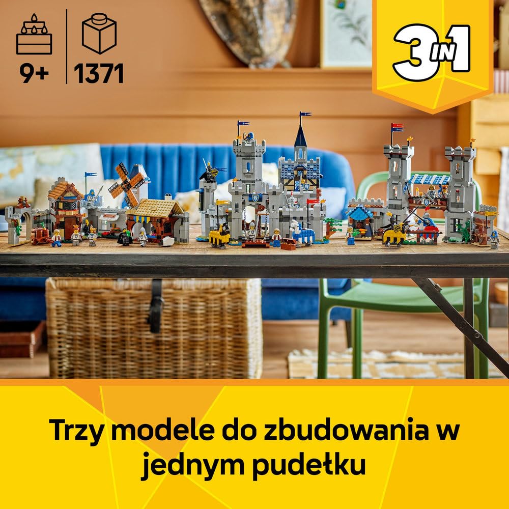 LEGO Creator 3 w 1 Średniowieczny zamek rycerzy konnych 31168 | Zestaw klocków konstrukcyjnych, model zamku do przebudowy na turniej lub miasteczko, prezent dla dzieci 9+, 1371 elementów