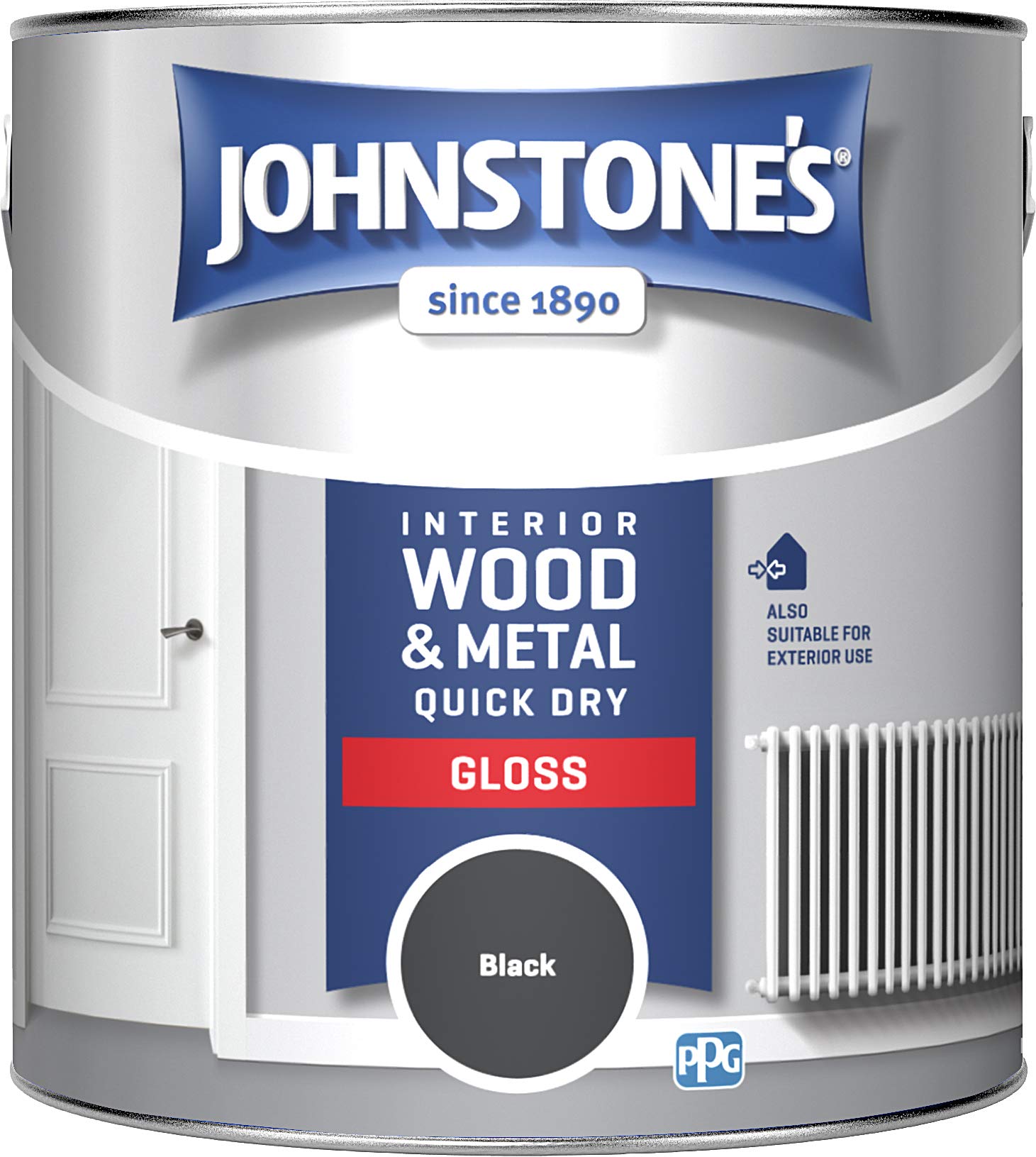 Johnstone'sQuick Dry Gloss - Black - Gloss Finish - Water Based - Interior Wood & Metal - Radiator Paint - Low Odour - Dry in 1-2 Hours - 2.5 L