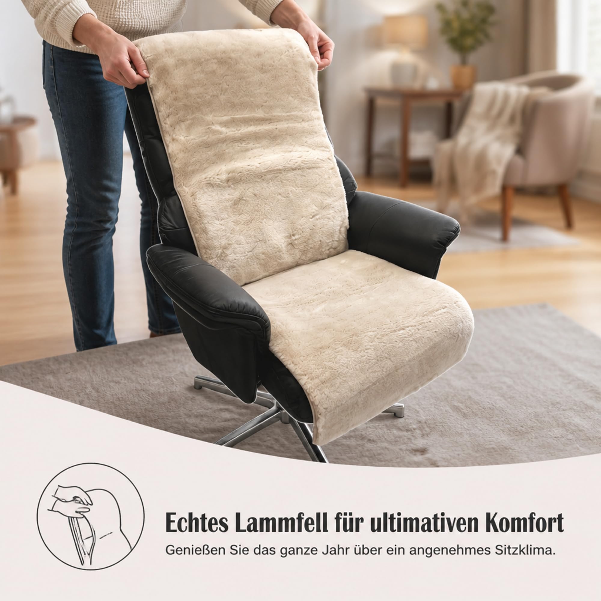 Ochraniacz na fotel ze skóry jagnięcej, jakość premium, ochrona na fotel relaksacyjny, szerokość 50 cm (beżowy, długość 160 cm)