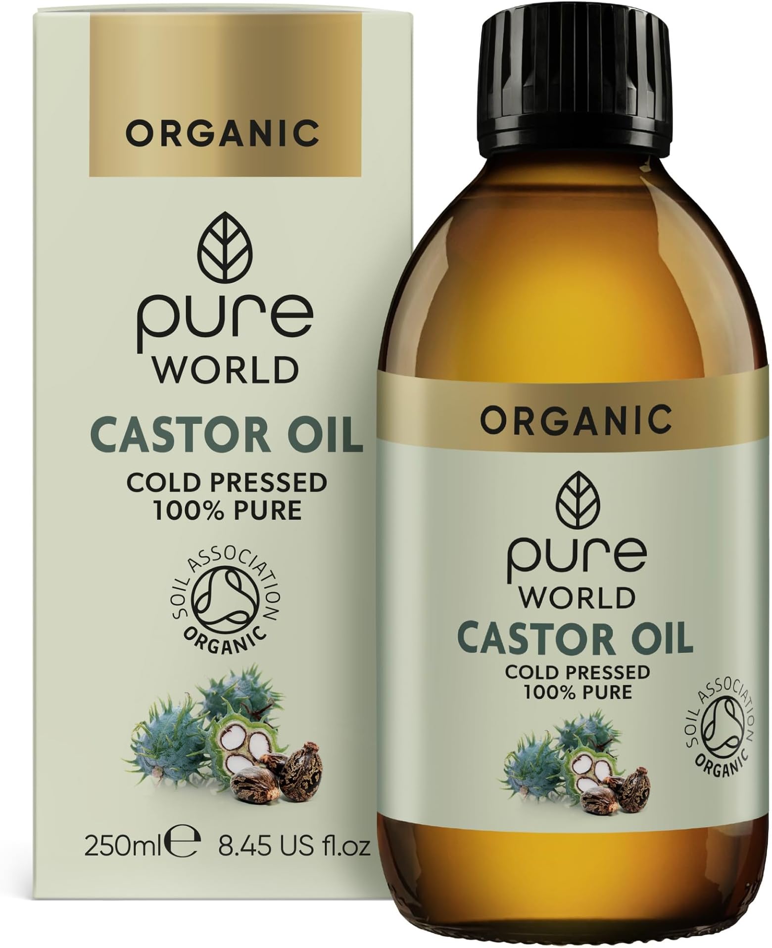 Organic Castor Oil 250ml Premium Cold & Fresh Press Glass Bottle Hexane Free for Hair, Skin - Moisturizing, Conditioning, and Eyelashes & Eyebrows- Food Grade