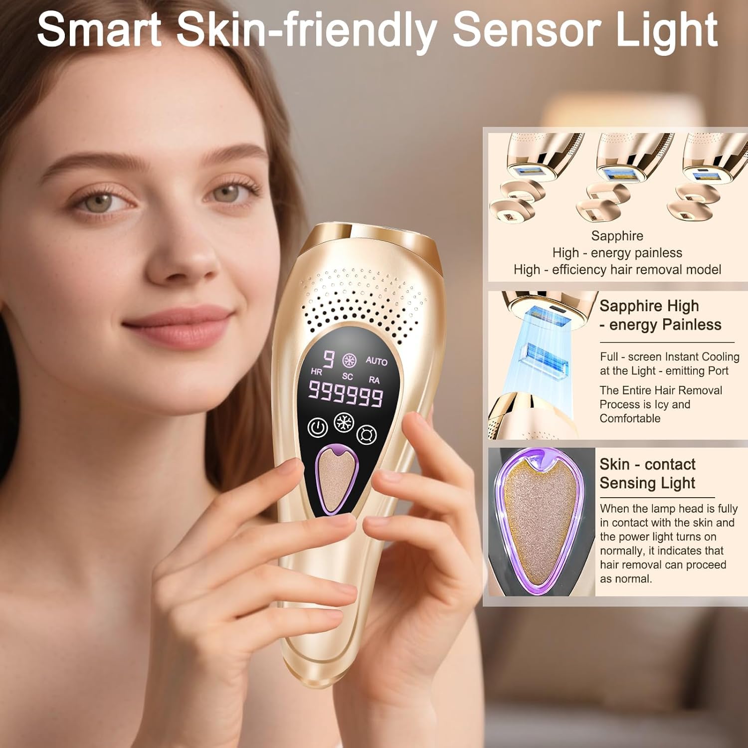 NICEWIN IPL depilazione con funzione di congelamento – Dispositivo IPL indolore con 3 modalità (HR/SC/RA), 9 livelli di energia, 999.999 impulsi di luce per uomo e donna, ideale per viso, bikini
