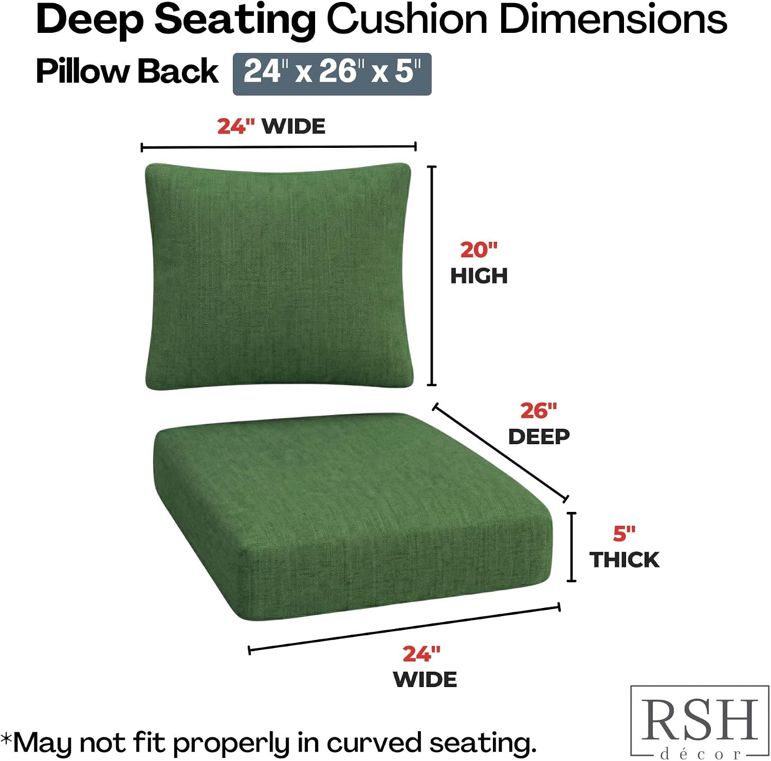 RSH DECOR: Outdura Deep Seating Cushion with Pillow Back | 24” x 26” x 5" Seat | Water & Fade-Resistant | Outdoor Chair Cushion Set | Made in USA (Clover Green)