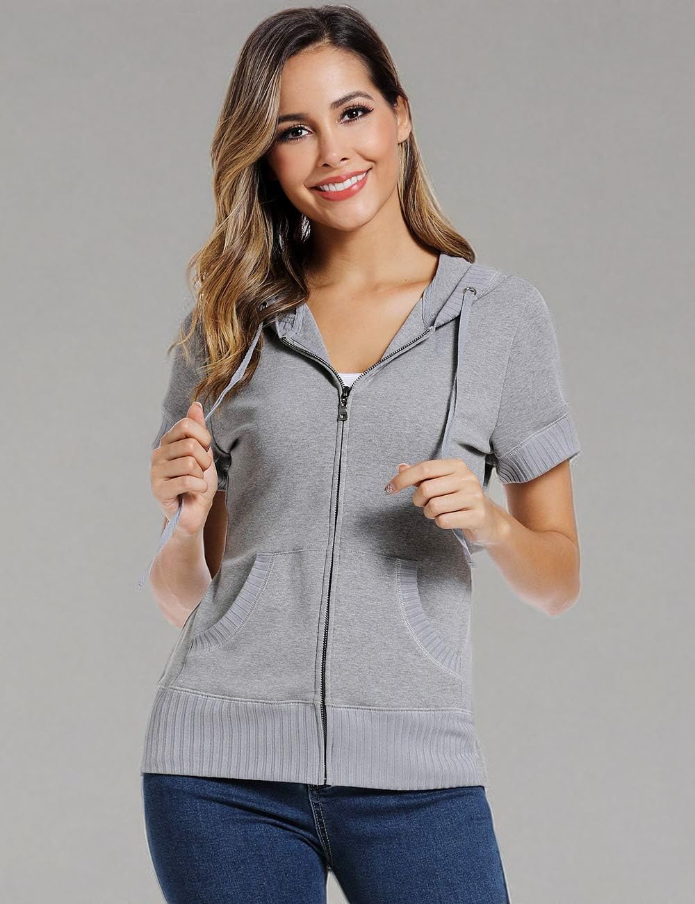 Miss Moly Sweat à capuche à manches courtes pour femme avec fermeture Éclair intégrale en coton fin Coupe slim Kanga Pocket - multicolore - Large(44-46)