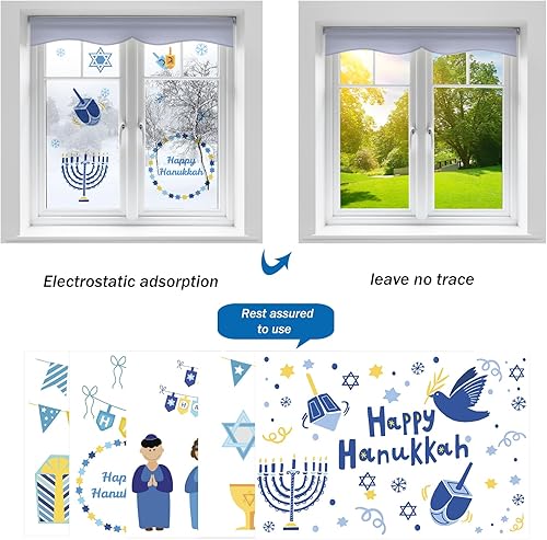 Miniatura 4 de 10 hojas de calcomanías de ventana de Hanukkah, 13 x 9.7 pulgadas, estrella de menorá azul-dorada, calcomanías de ventana de doble cara con diseño