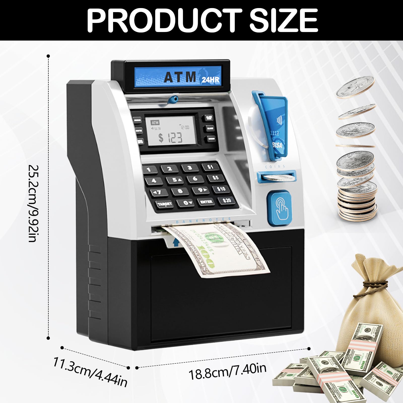 Salvadanaio Elettronico, Money Bank Cassa di Risparmio Versione EURO ATM Salvadanaio Elettronico Digitale ATM per Monete e Banconote Auto Scorrimento Carta Money Saving Box