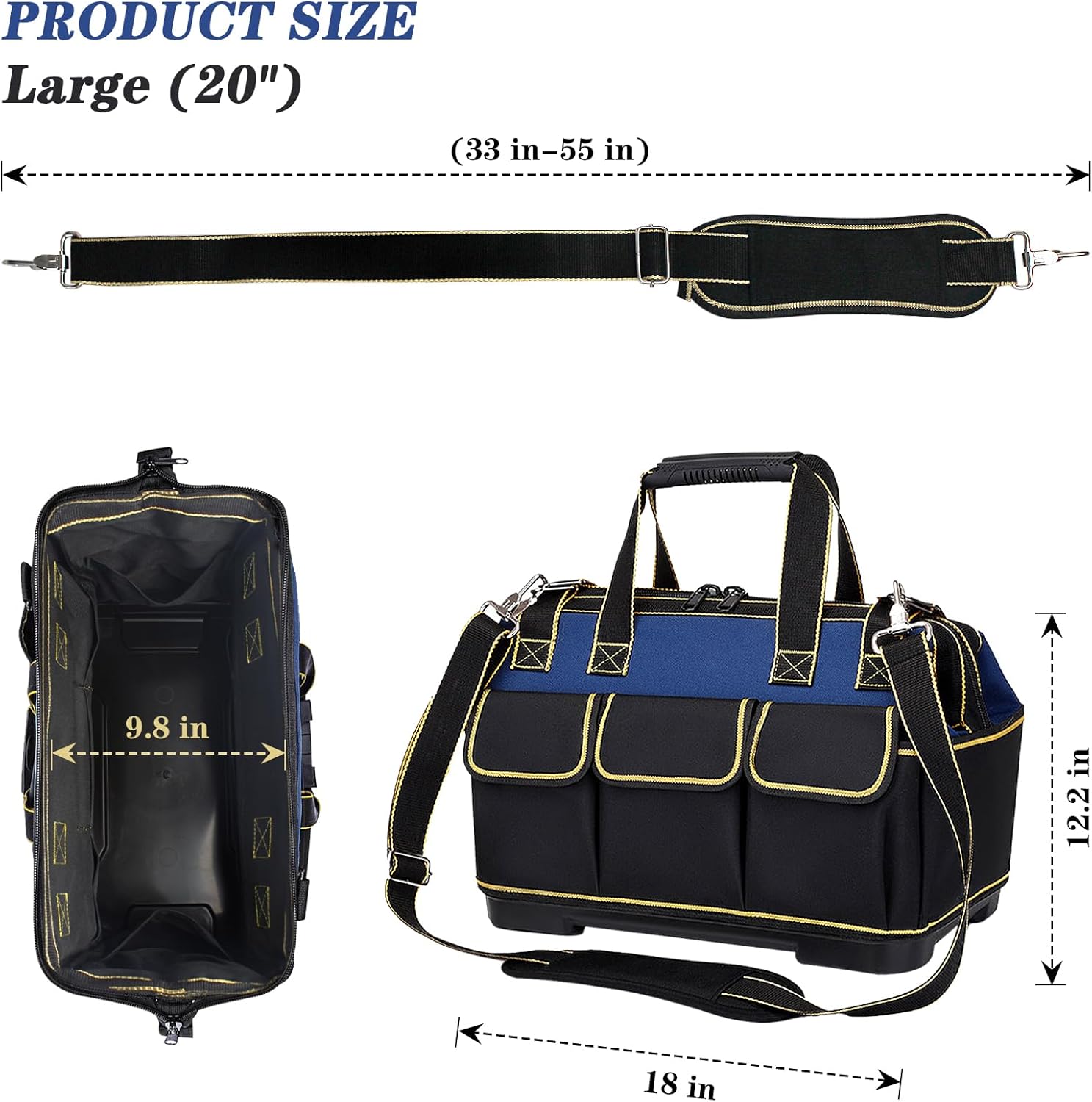 20 Inch Heavy duty tool bag, multifunctional tool bag organizer, waterproof and wear-resistant base with large double zipper and adjustable shoulder strap, gift for Father's Day and Men,blue