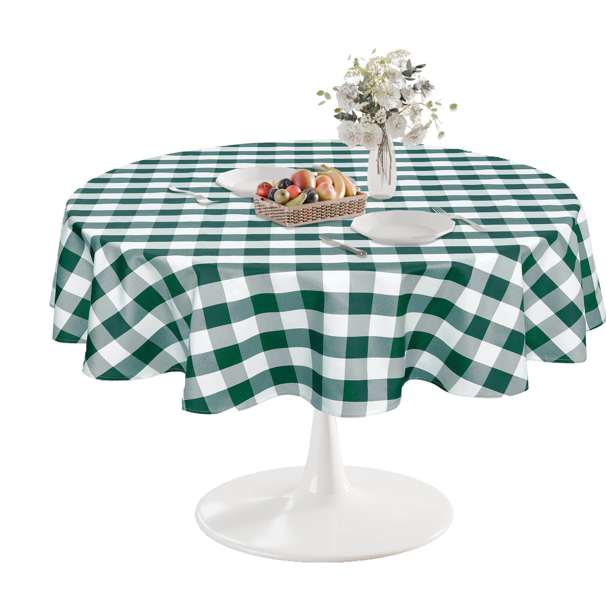 DWCN Karierte Tischdecke Rund 140cm Tischdecke Outdoor Abwaschbar Wetterfest Fleckschutz Wasserdicht für Weihnachten Draußen Picknick Esszimmer Garten Party Hochzeiten Frühling, Grün und Weiß