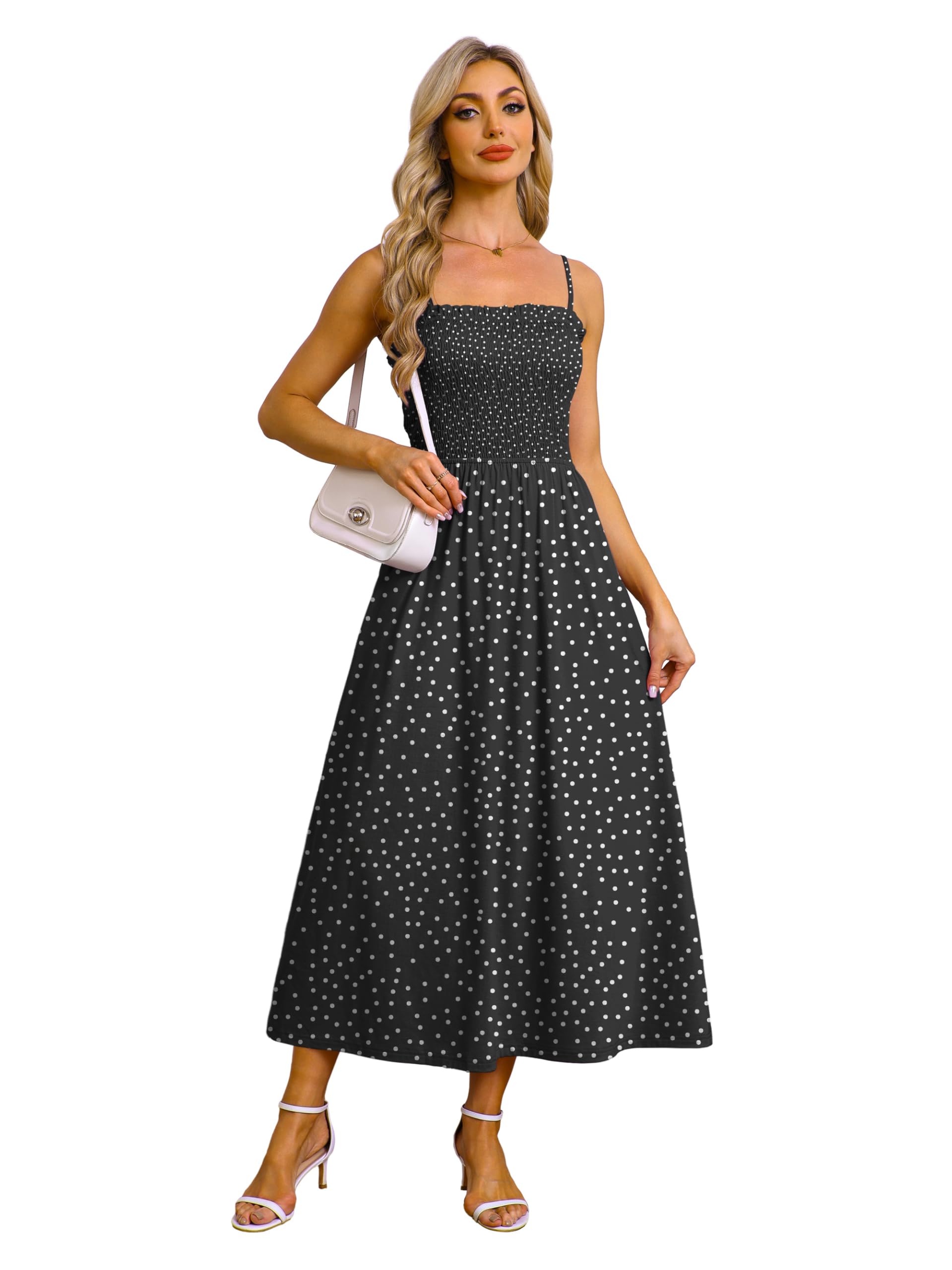 OFEEFAN Womens Spaghetti Strap Maxi Dresses Smocked with Pockets 2026 Summer Spring Casual Boho Beach Long Sundresses