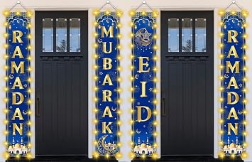 2 In 1 Ramadan Eid Mubarak Door Banner Decorations Ramadan Mubarak Front Door Porch Sign Eid Al Fitr Moon Hanging 2 In 1 Banner Decor for Home Indoor Outdoor Party SuppliesBlue