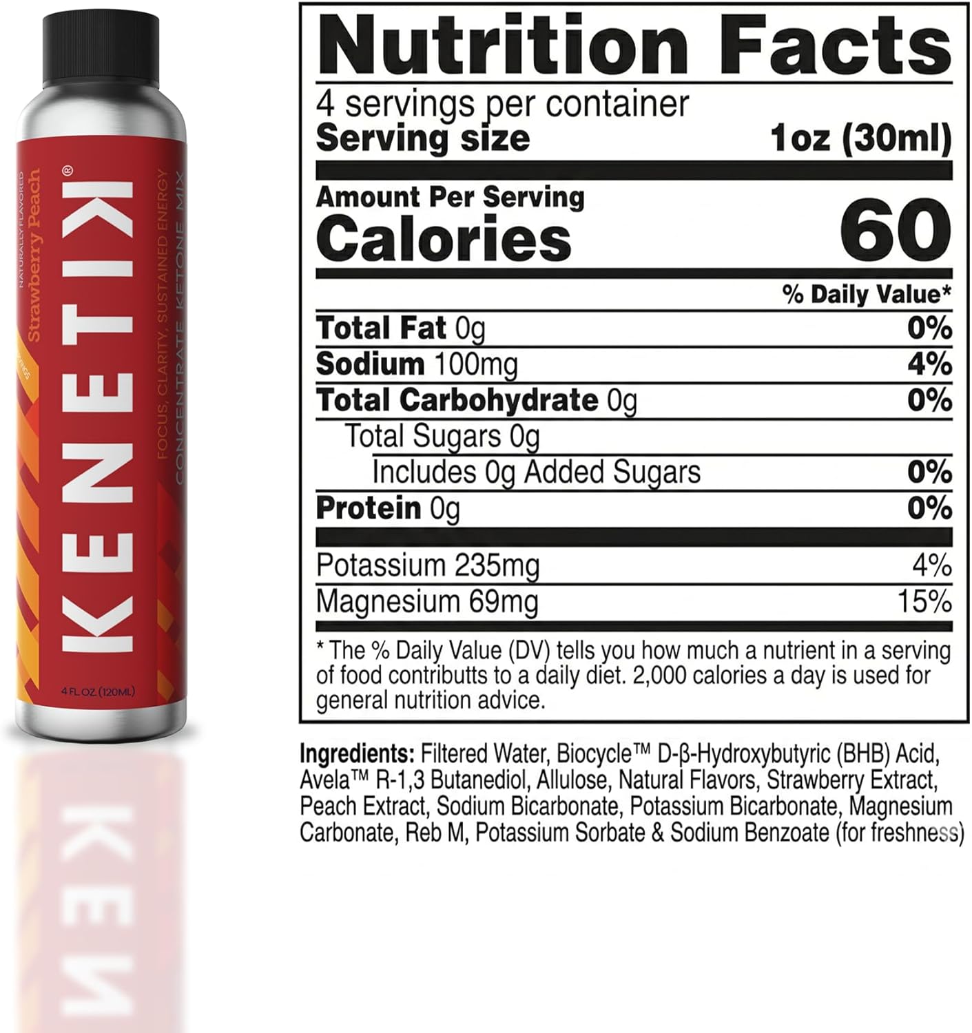 KENETIK Caffeine-Free Focus Concentrate – Brain Fuel for Mental Clarity Cognitive Endurance, Sugar-Free, Bioidentical Ketones (D-BHB), 4oz (4 Servings) – 3 Pack, Strawberry Peach
