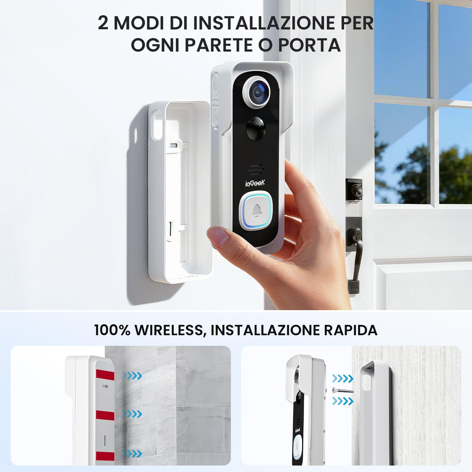ieGeek Videocitofono Wifi 2K con IP66 Impermeabile, Videocitofono Senza Fili con Visione Notturna, Batteria Ricaricabile, Rilevamento Intelligente, per Casa o Azienda, Alexa Compatibile (Bianco)