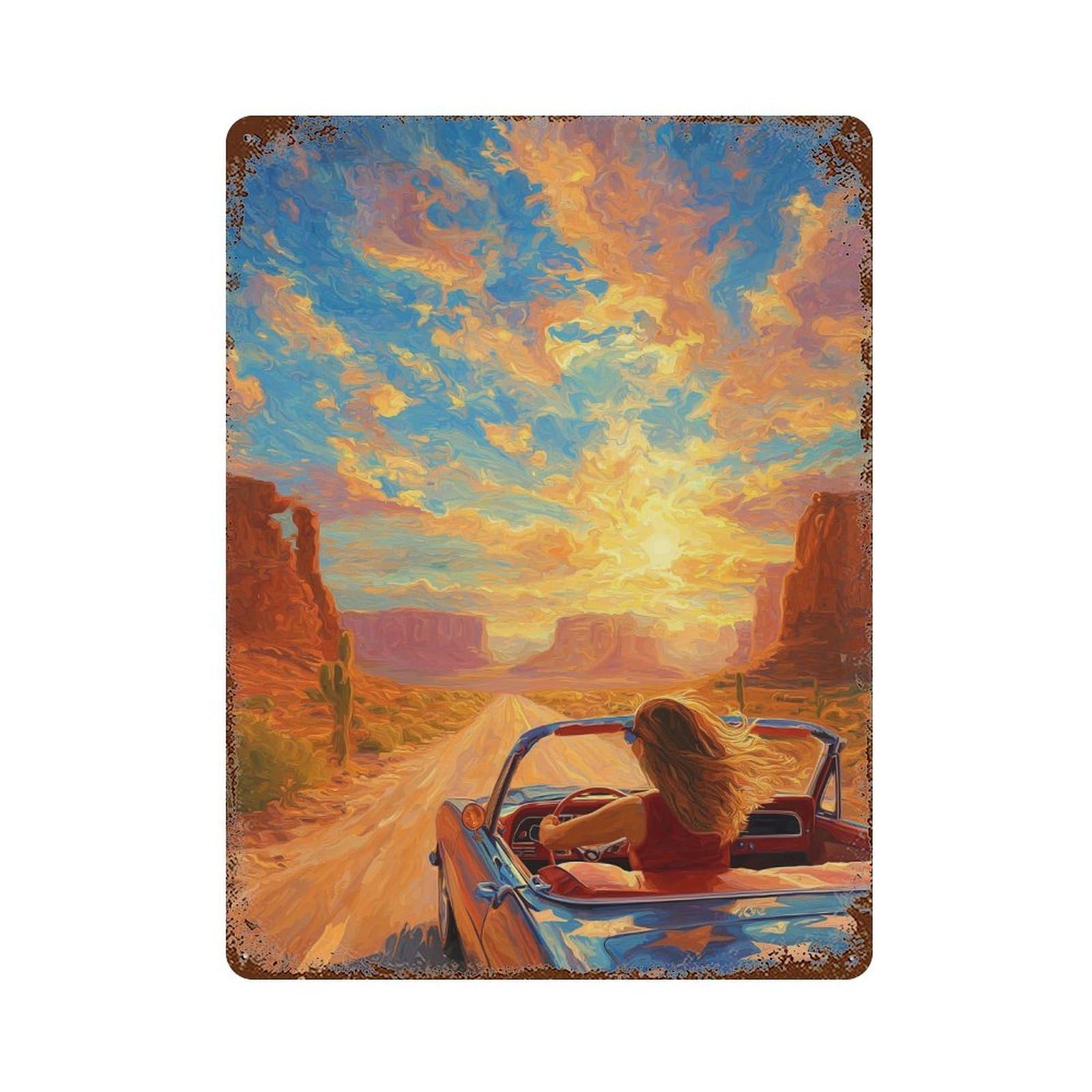 Desert Sunset Drive 15.7"x11.8" Decorative Tin Sign, Retro Wall Decor for Garage, Bar And Workshop Decor
