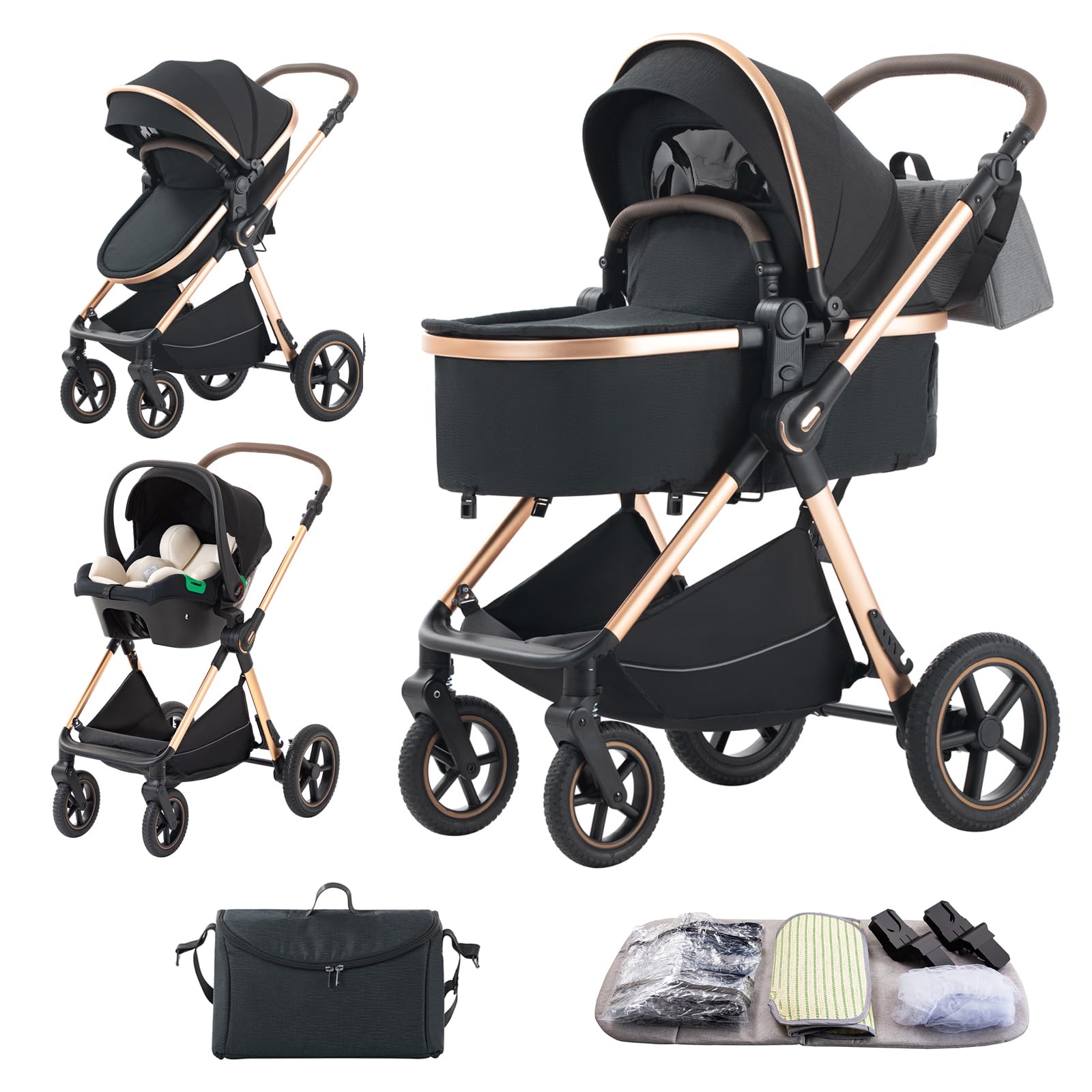 BEBBY Multifunzionale Carrozzina Passeggino Trio Combinazione Passeggino 3 in 1 Passeggino Ovetto Pieghevole Set Passeggino Neonato Sedili,Da neonato a 22KG (G- D2-BLACK, H2-D)