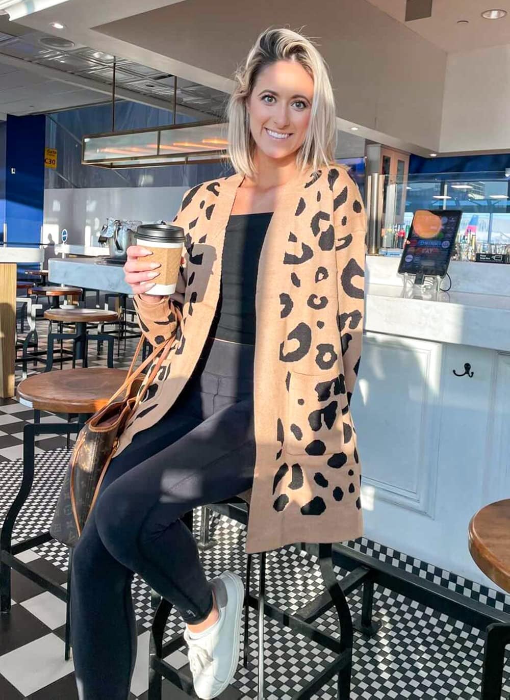 BTFBM Women Chic Leopard Print Cozy Sweater Pockets Button Down Open Front Loose Knitted Long Cardigan with Sleeves