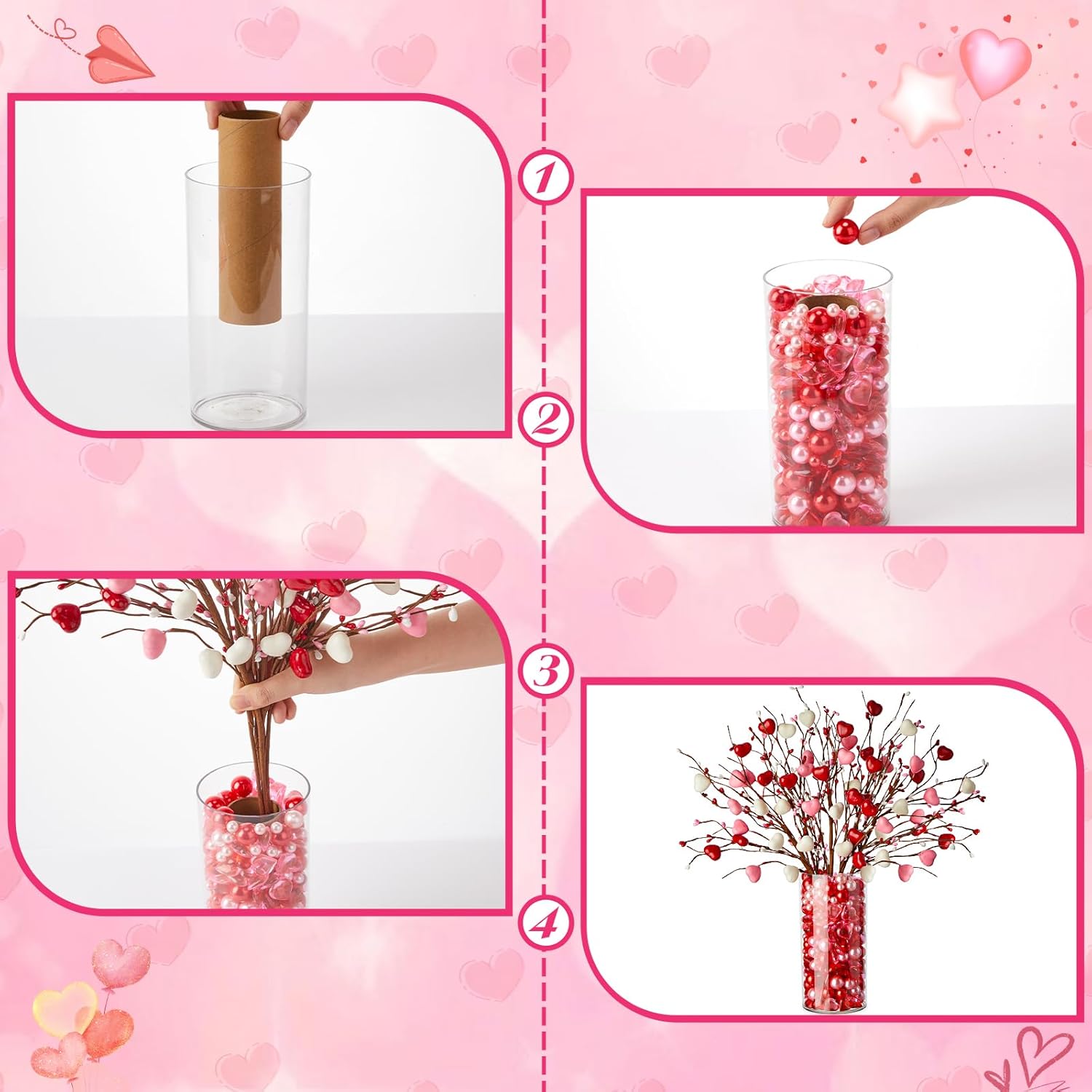 Giegxin 187 Pcs Valentines Decorations Artificial Hearts Flowers Berry Stems Gifts, Vase Fillers Red and Pink Valentine Heart Shaped Filler for Wedding Anniversary Vase Filler Party Decor