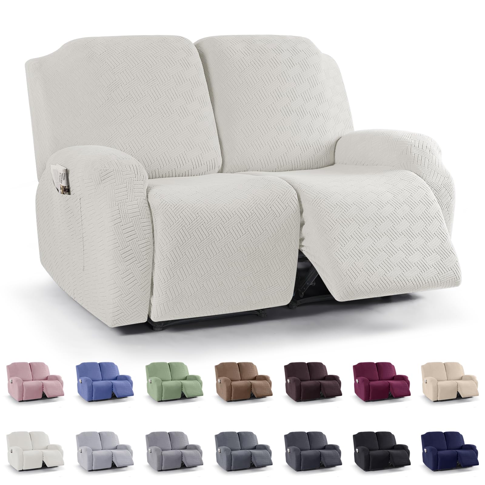 KinCam Recliner Covers, Stretch Reclining Chair Covers, Recliner Sofa Slipcovers Stripe Jacquard Recliner Couch Covers Furniture Protector Covers for Pet Kid (2 Seater, Cream)