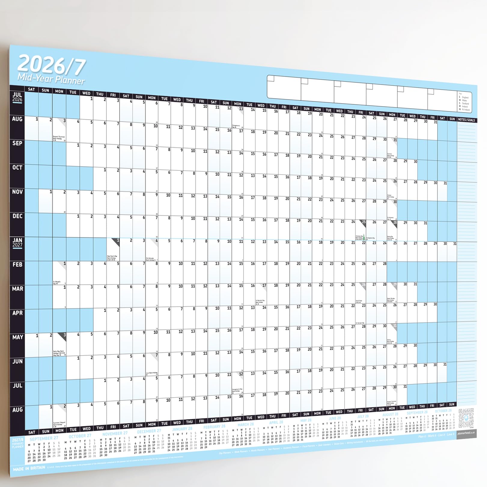PlannerHead 2026/27 Academic Wall Planner/July 2026-August 2027 Calendar UK/Unmounted Unlaminated Year Planner Poster/Sky Blue A2+ 43cm x 62cm (Folded Flat)