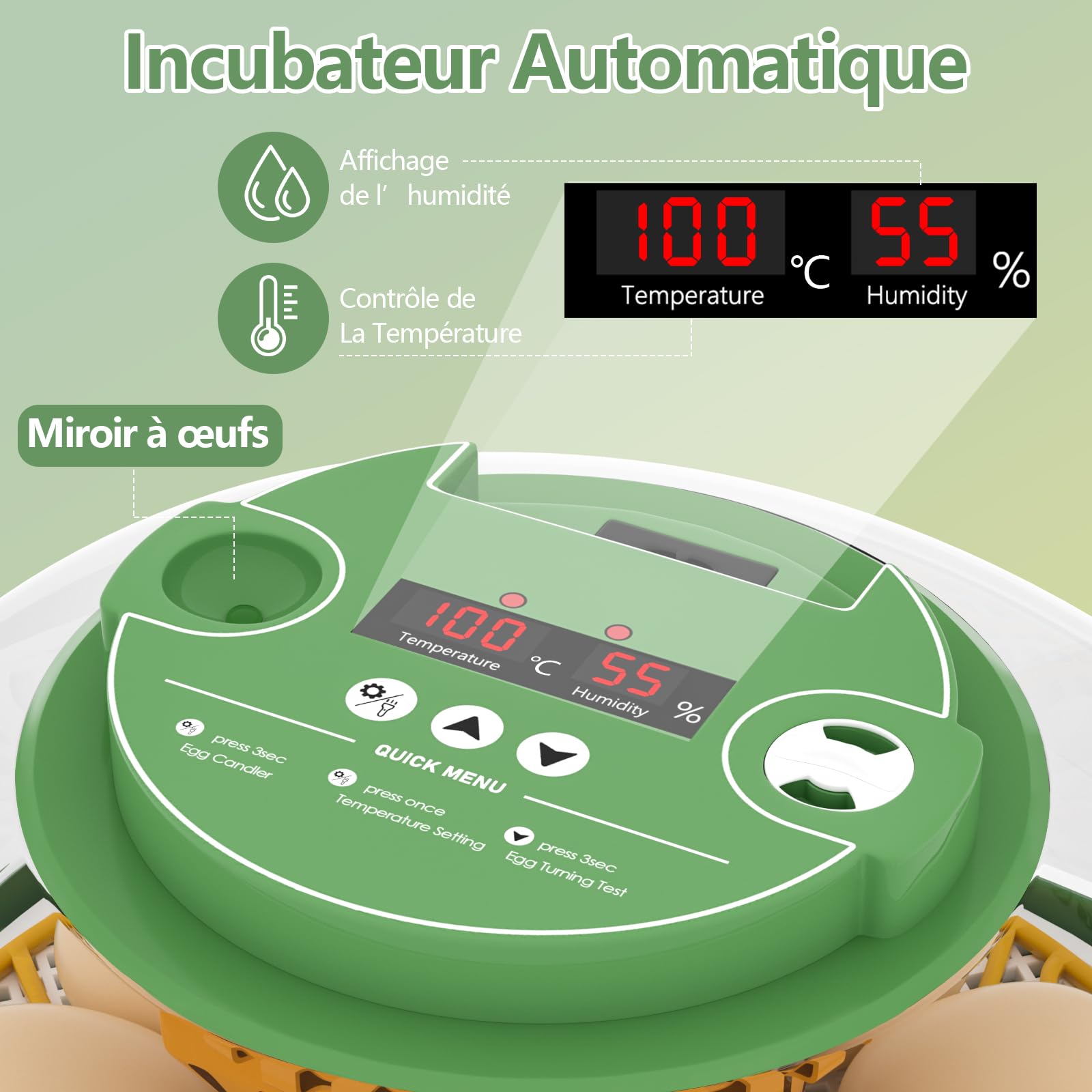 Couveuse Oeuf Automatique, Diealles Shine Incubateur Oeuf 12 Oeufs avec Retournement Automatique des Oeufs et Humidification Automatique, Couveuses pour Oeuf de Volailles avec Contrôle de Température
