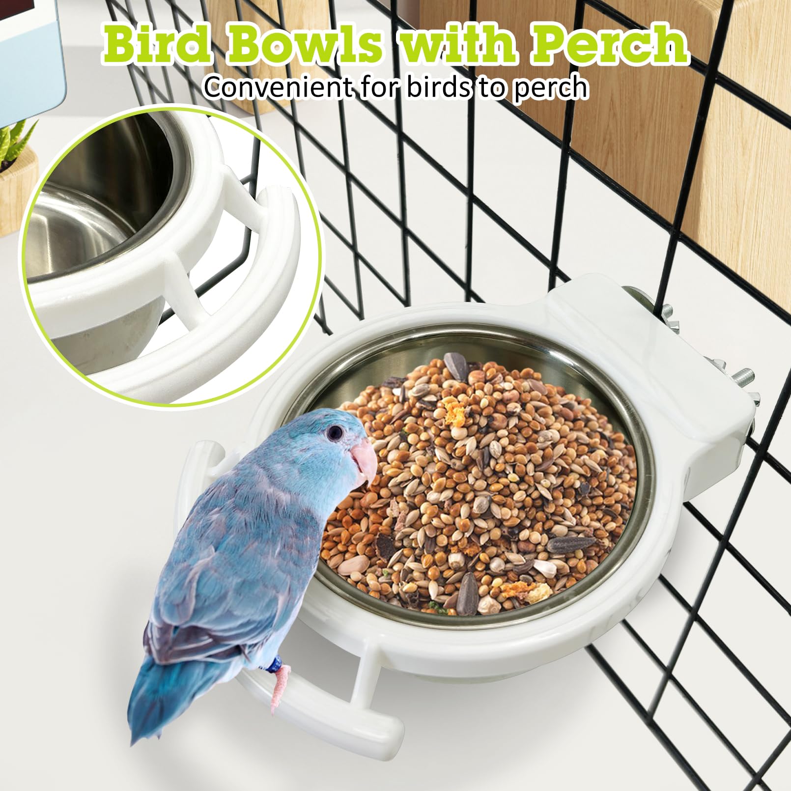 Stainless Steel Bird Bowls for Cage 2 Pcs Parrot Feeding Dish Metal Food and Water Cups Detachable Birds Cage Feeder Hanging Finch Food Plates with Perch for Parakeet Budgie Lovebird (White) - image 3