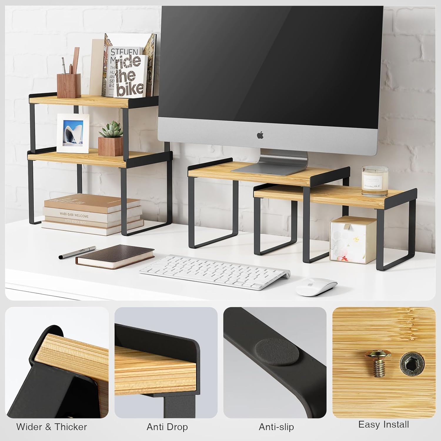 Kitchen Cabinet Organizer Shelf Set of 4, Pantry Organizers and Storage Shelves for Plates Dishes Cups Mugs, Cupboard Counter Cabinet Shelf Riser for Countertop (Bamboo Wood and Black Metal) - Image 5