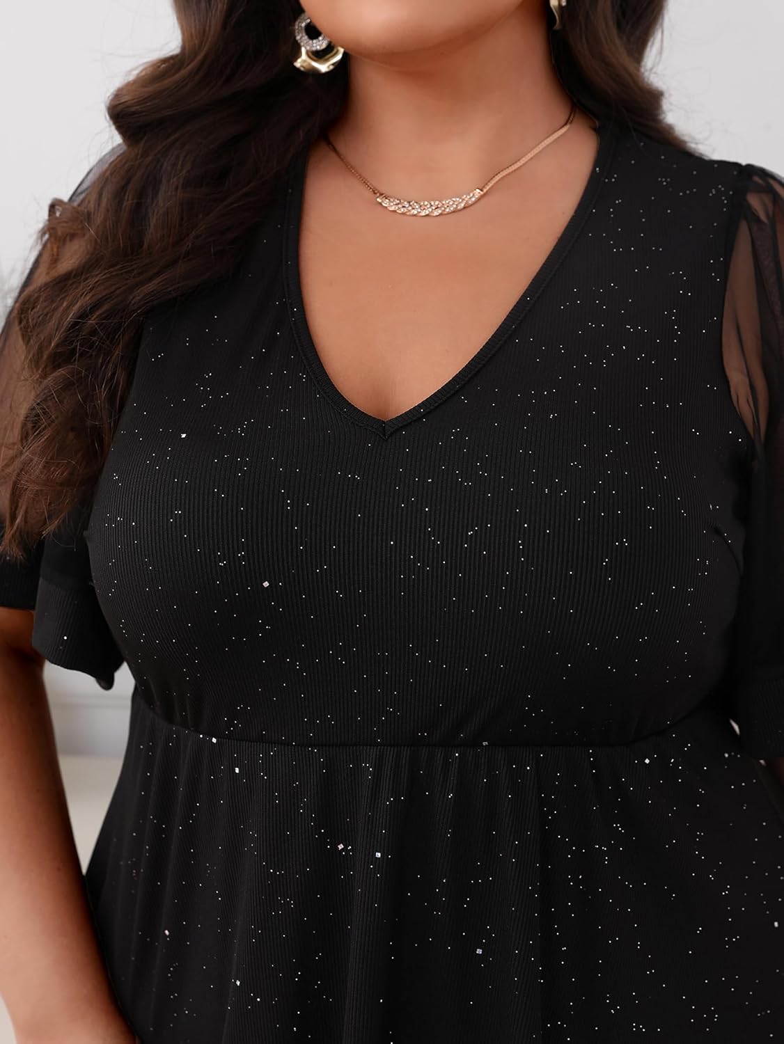 Floerns Women's Plus Size A Line Dress Mesh Short Sleeve V Neck Flared Glitter Ribbed Party Cocktail Dresses - Image 3