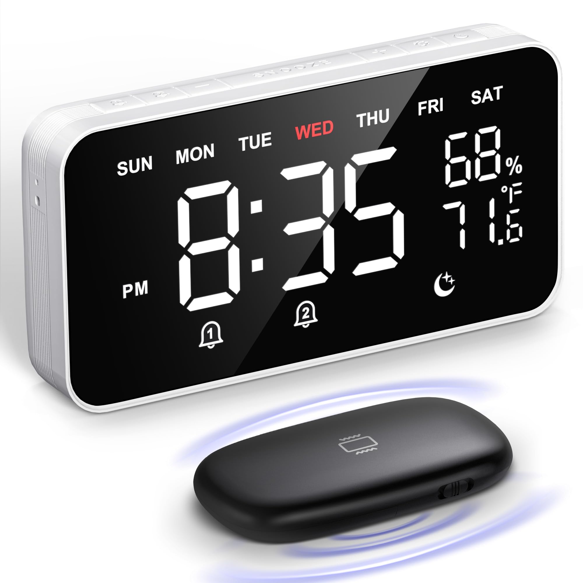 Dekala Digitaler Wecker mit Kabellosem Bettschüttler, Doppelalarmen, Temperatur- & Feuchtigkeitssensor, Großem LED Display mit Automatischer Dimmung, Snooze & Schlafgeräuschen, Netzbetrieben