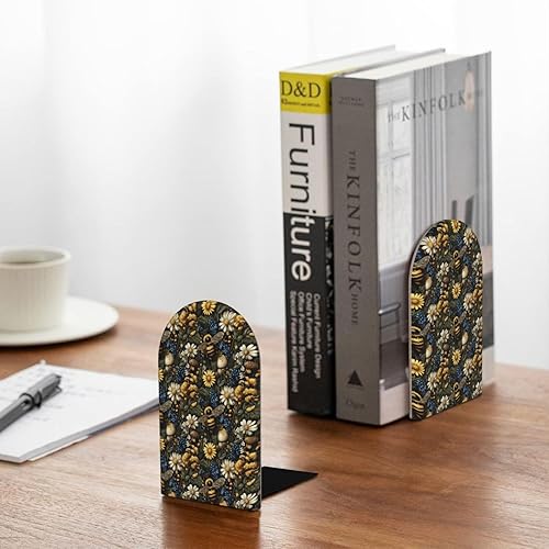 Miniatura 4 de Book Ends for Shelves 1 Pair - Daisy Flower Bee Print Wood with Metal Base Bookends for Heavy Books, Book Stand Organizer Holder for Books Movies