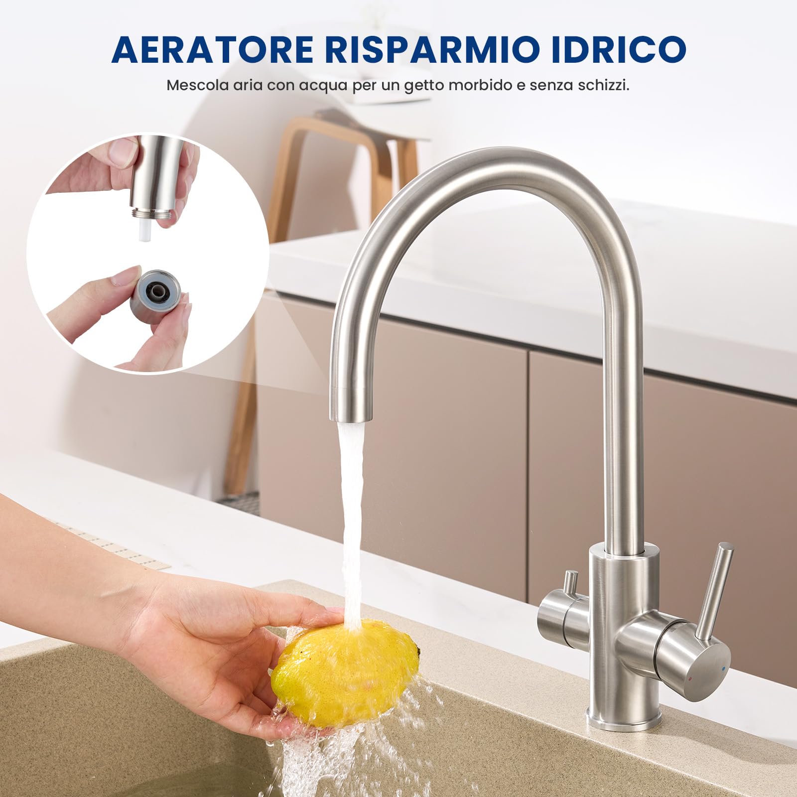 CECIPA Grifo Cocina 3 Vías Acero Inoxidable Purificador Agua Filtrada | Grifo cocina 3 vías acero inoxidable 304 con agua filtrada, válvula cerámica, aerador ABS, rotación 360, ahorro de agua