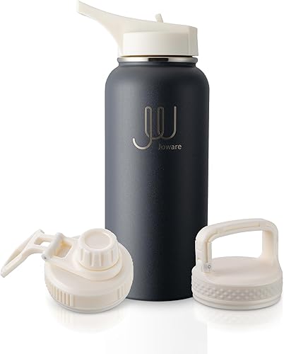 Botella de agua aislada de 32 onzas con pajilla, frasco de agua deportivo de acero inoxidable con 3 tapas, vaso térmico de viaje a prueba de fugas,