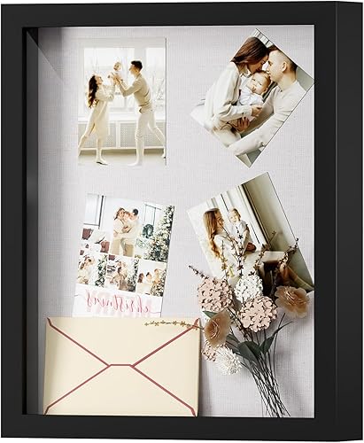 Miniatura 53 de Muzilife - Marco de Sombra con Tablero de Lino, Caja de Exhibición de Madera Profunda y Vidrio, Listo para Colgar, Caja de Recuerdos para Bebé