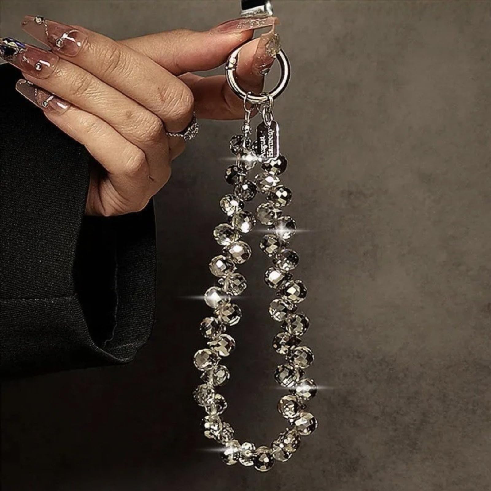 Beaded Phone Wrist Strap, Cellphone Lanyard Chain, Sparkling Wristlet Bracelet for Women, Black