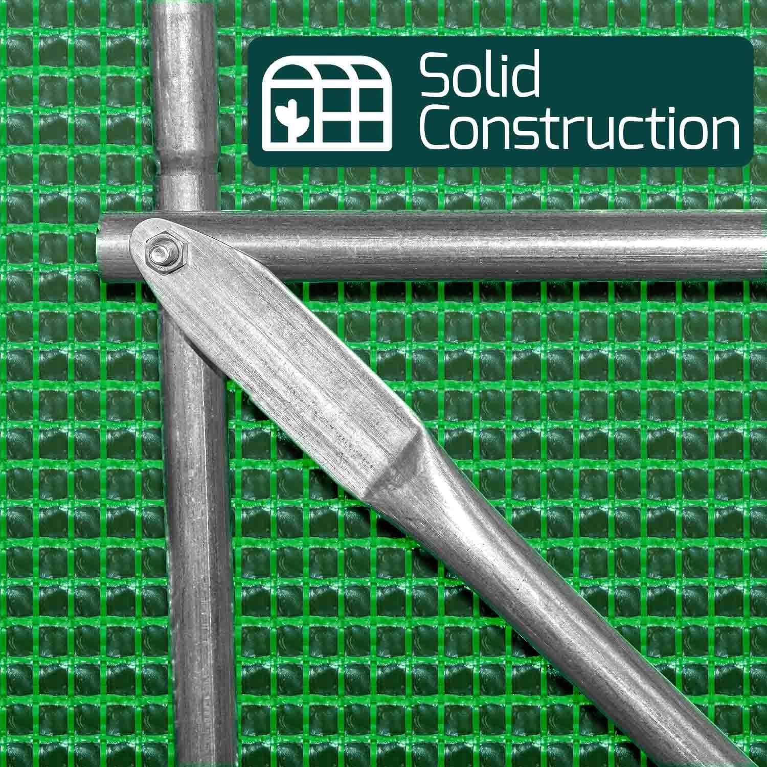 Close-up of a ventilated window on the greenhouse, showing the mosquito net and roll-up flap.