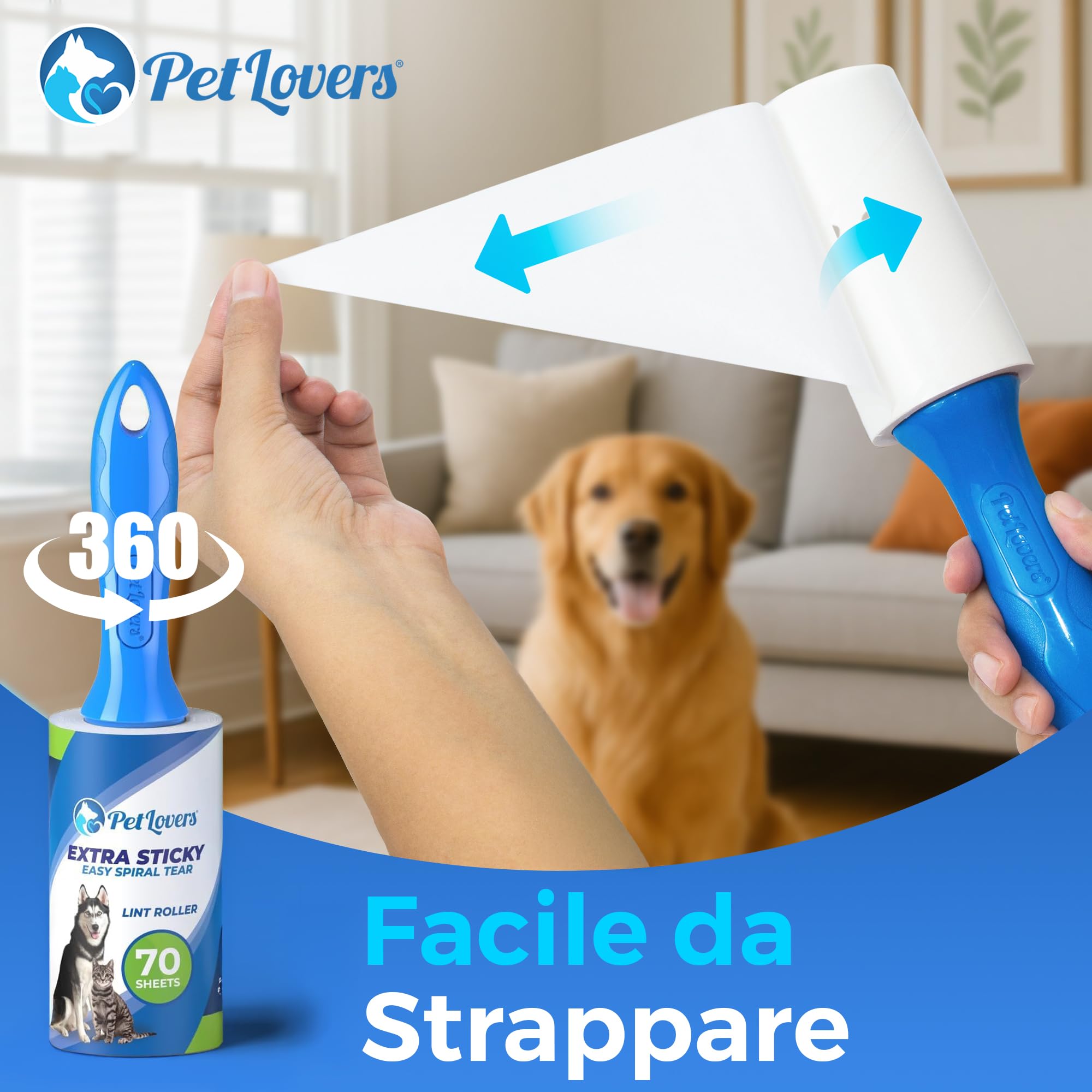PetLovers - Rulli per peli di animali domestici, extra appiccicosi, 420 fogli, per rimuovere i pelucchi dagli indumenti