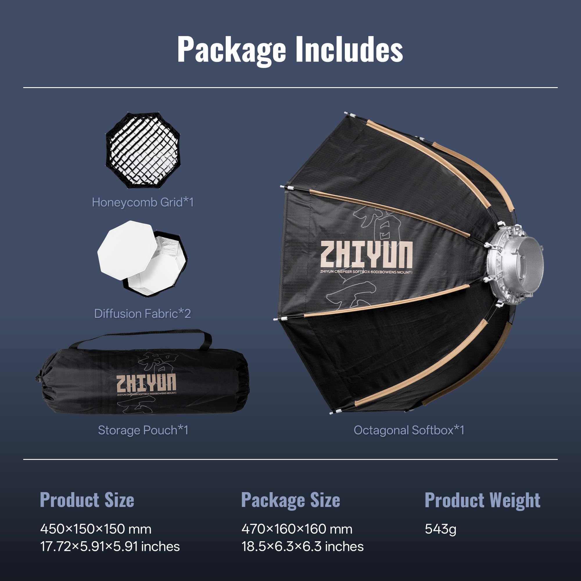 ZHIYUN CINPEER 60cm Softbox Ottagonale con Attacco Bowens a Sgancio Rapido con Griglia a Nido d'ape per Dtudio Fotografico, Registrazione Video, Ritratti per ZHIYUN Molus Serie G Serie B