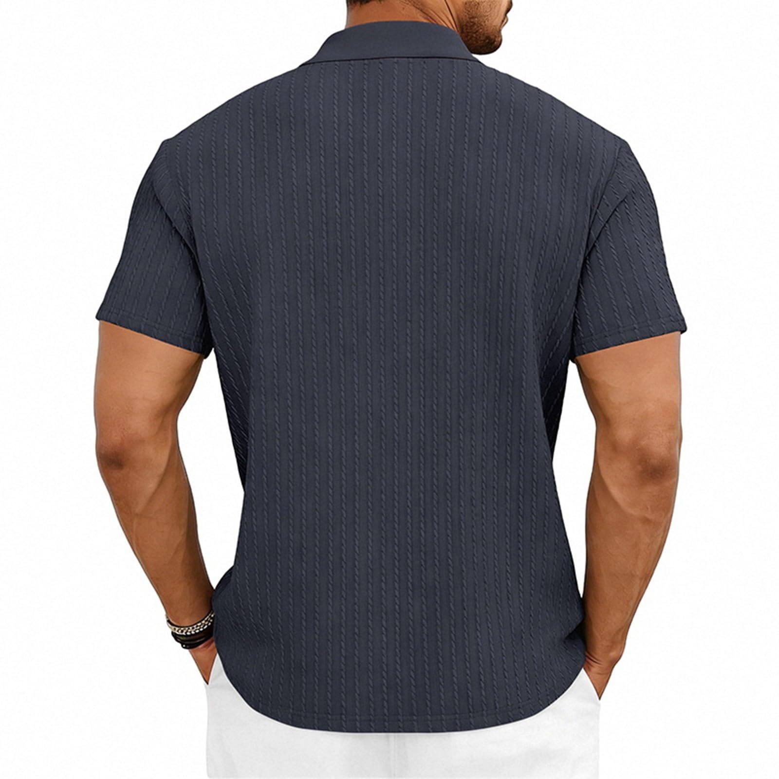 Polo Homme Texturé à Rayures Verticales Col Rabattu Boutonné Manches Courtes Été Confortable Coupe Ajustée Séchage Rapide pour Style Urbain et Décontracté