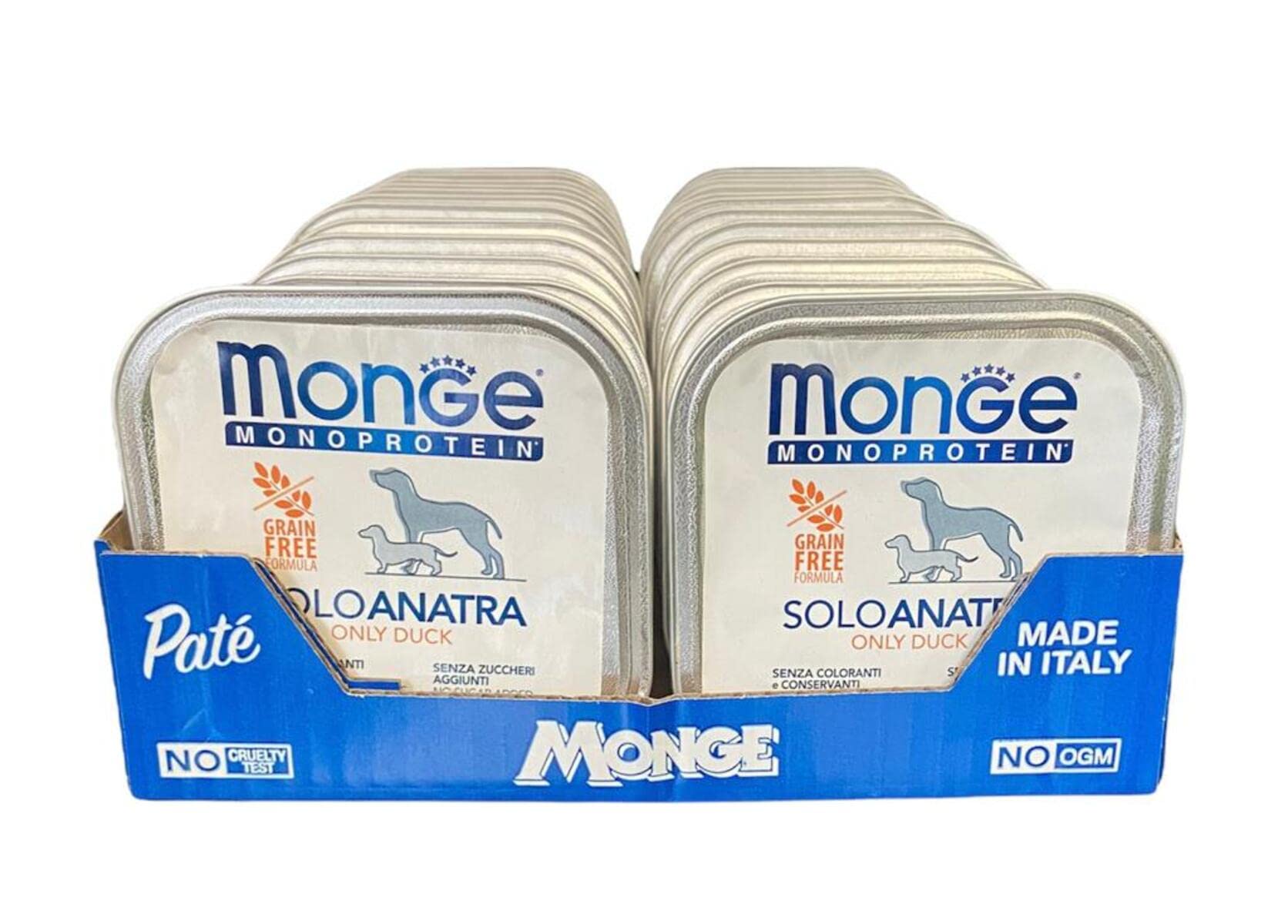 Monge Monoprotein Cibo umido per Cane solo Anatra, naturalmente senza coloranti, conservanti e zuccheri aggiunti. Confezione da 24 vaschette (1 = 150gr.)