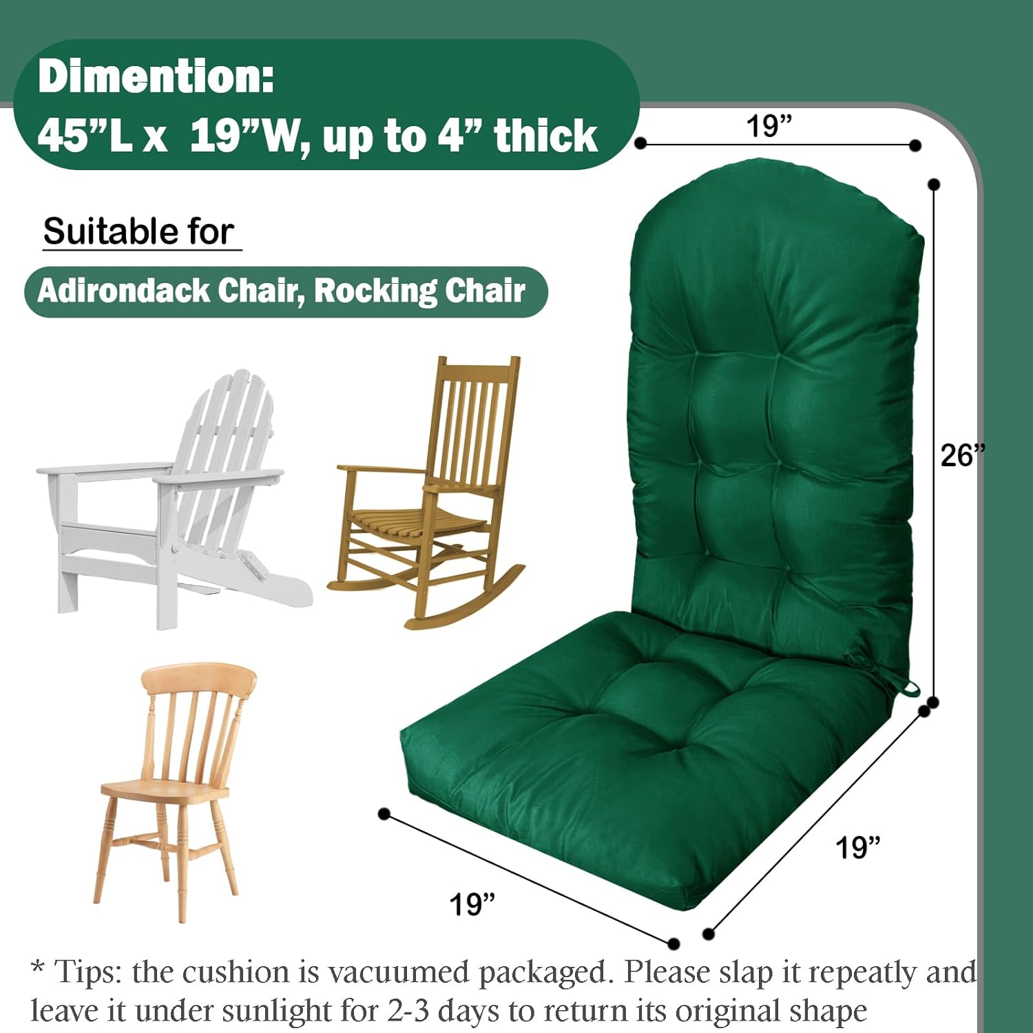 Adirondack Chair Cushions Set of 2, Waterproof Outdoor Seat Cushions for Patio Furniture, Thick Outdoor High Back Replacement Pads for Porch Lawn Wicker Chair, Rocking Chair Cushion, Emerald Green