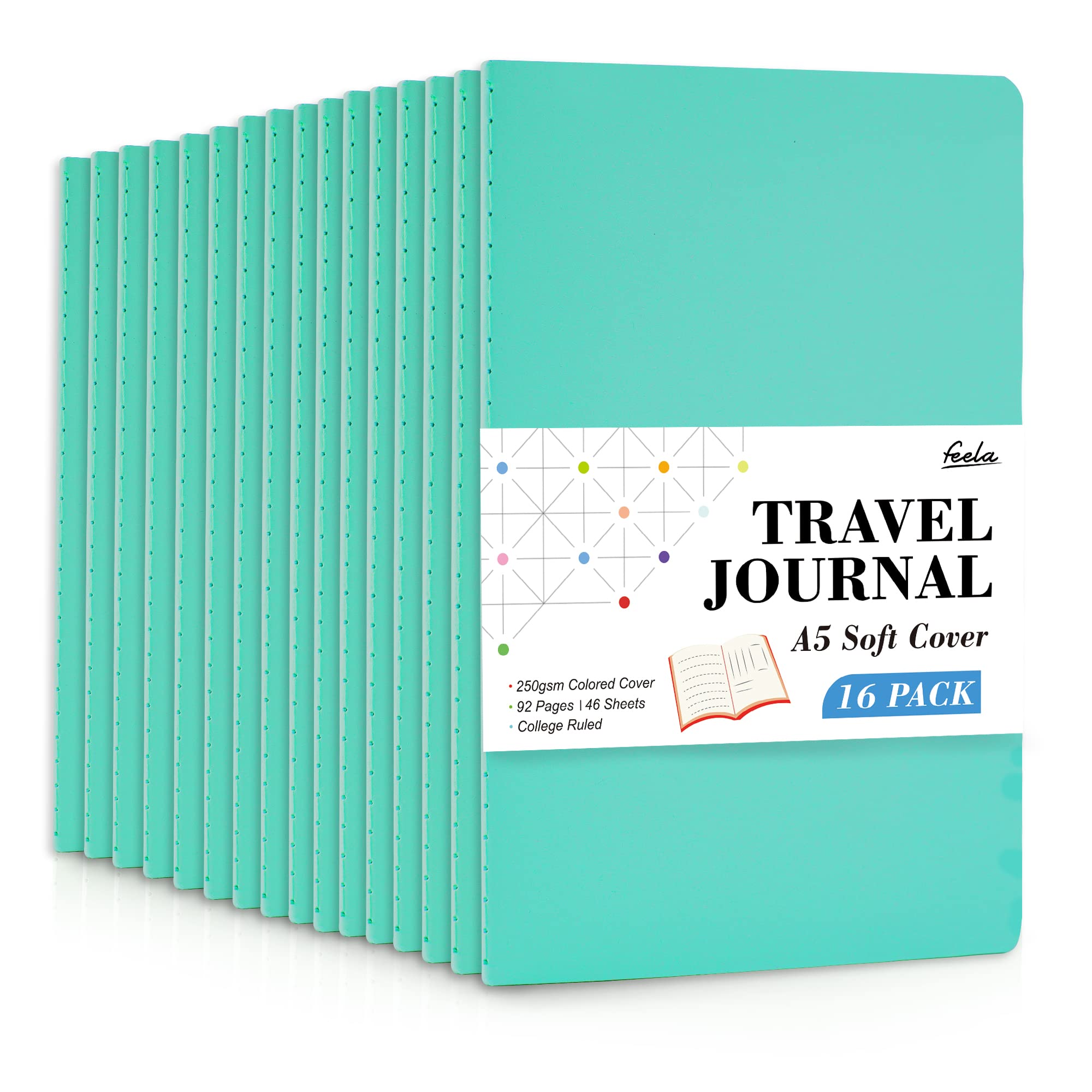 16 Pack Soft Cover Journal Bulk, Feela Lined Notebooks College Ruled for Work for Women Girl Writing, Blank Travel Journal Note Taking Notebook School Business Supplies, 8.2” x 5.5”, A5, Emerald