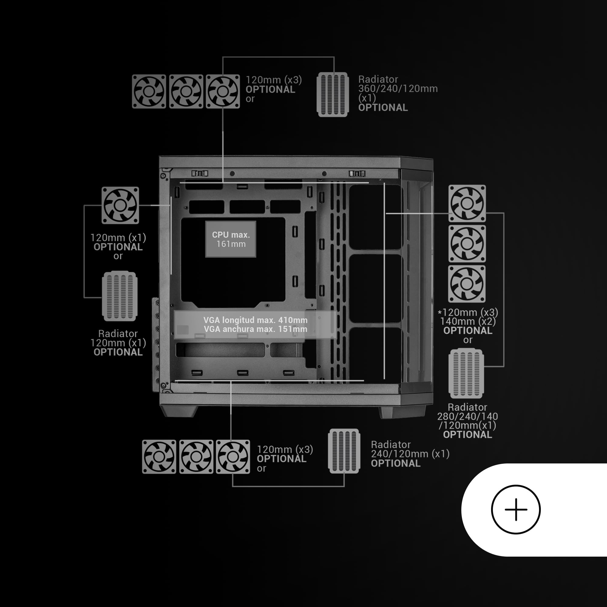 Mars Gaming MC-3TCORE, Custom ATX Gaming Gehäuse, Abnehmbares Fenster aus Dreifachglas, Dual-Kamera, Reverse Connector Backplane Kompatibler Semitower, Unterstützung für Flüssigkeitskühlung, Schwarz